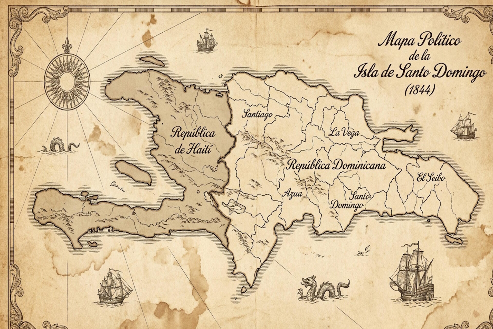 Mapa cartográfico histórico de la Isla de Santo Domingo en 1844 mostrando la división entre la República de Haití y la República Dominicana con sus cinco provincias originales: Santiago, La Vega, Azua, Santo Domingo y El Seibo.