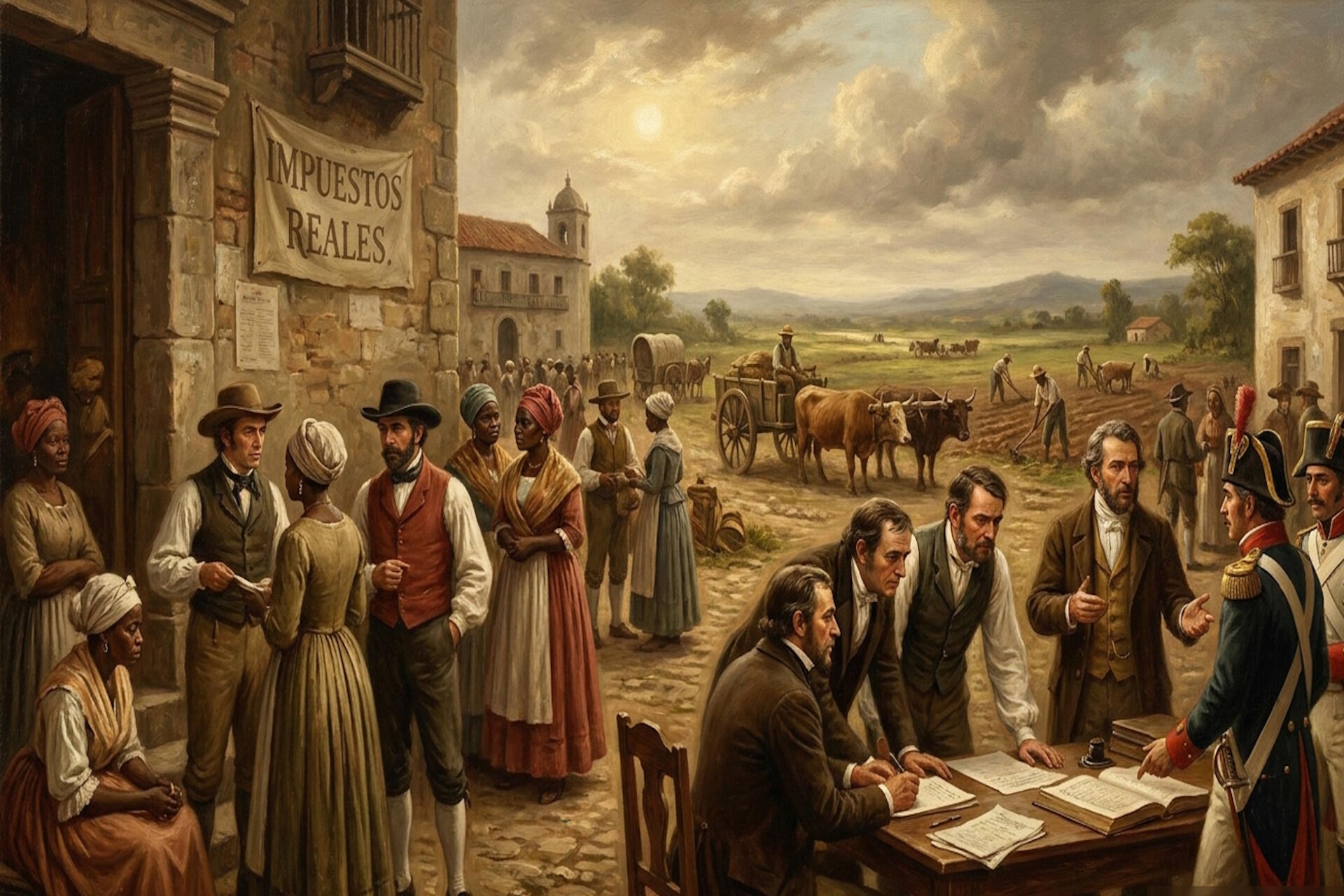 Pintura histórica que representa el descontento social y las reuniones clandestinas de ciudadanos dominicanos frente a las presiones tributarias y agrícolas antes de 1844.