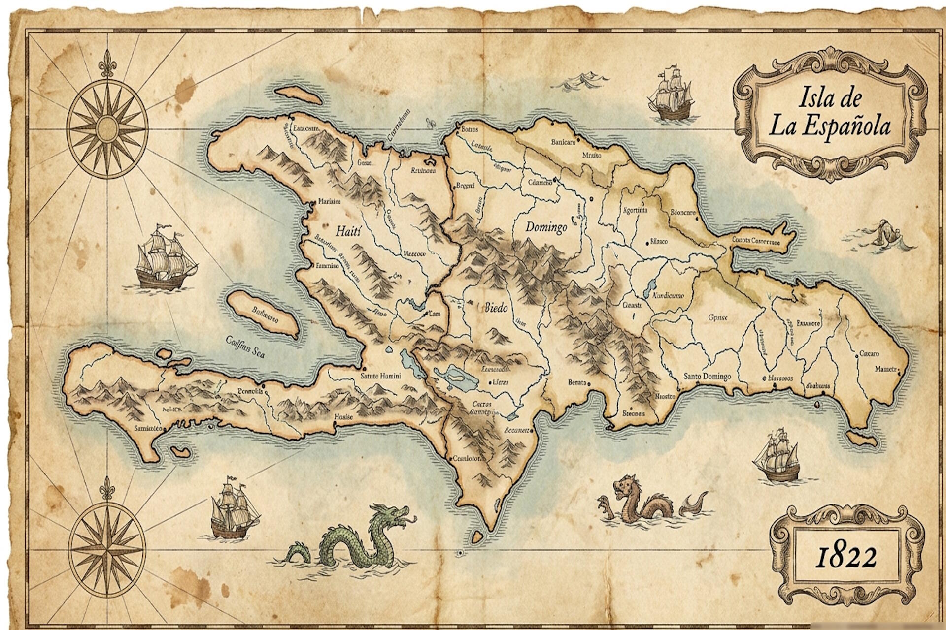 apa histórico vintage de la isla La Española en 1822 que muestra la situación territorial y geopolítica durante la ocupación haitiana.