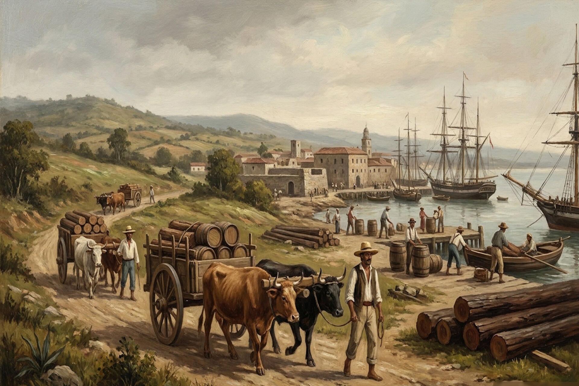 Escena histórica del comercio del siglo XIX en Santo Domingo mostrando ganaderos, tabaco y cortes de madera de caoba.