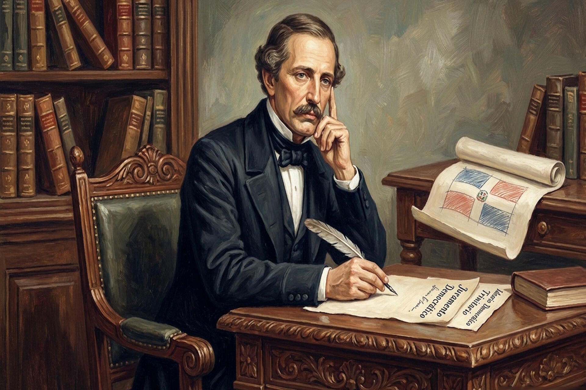 Retrato ilustrado de Juan Pablo Duarte redactando los idearios democráticos y el juramento de La Trinitaria en su estudio.