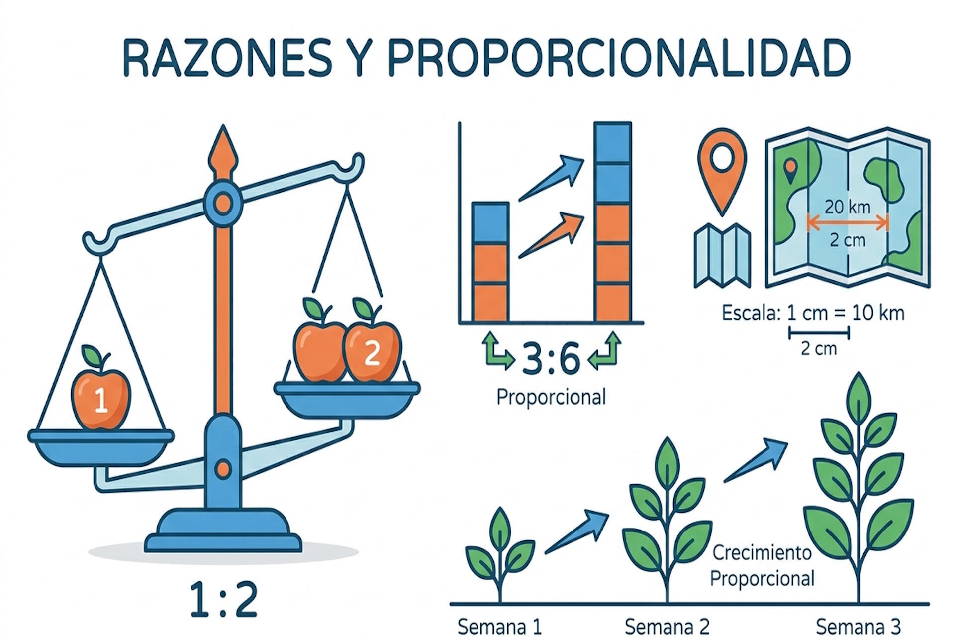 Diagrama de magnitudes directamente proporcionales, escala y regla de tres simple