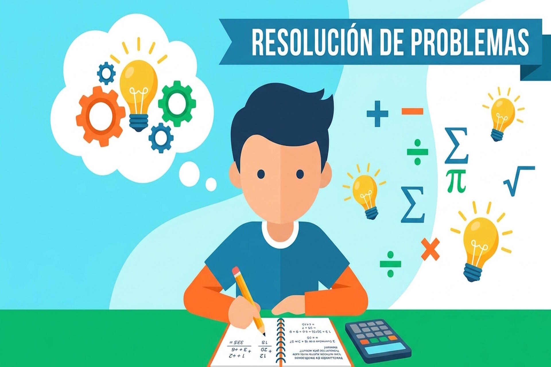 Estudiante resolviendo un problema matemático de múltiples pasos con calculadora y cuaderno de apuntes
