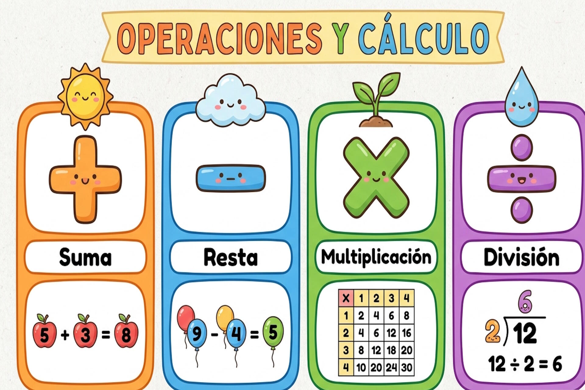 Ilustración didáctica de las cuatro operaciones básicas: suma, resta, multiplicación y división con símbolos matemáticos coloridos.
