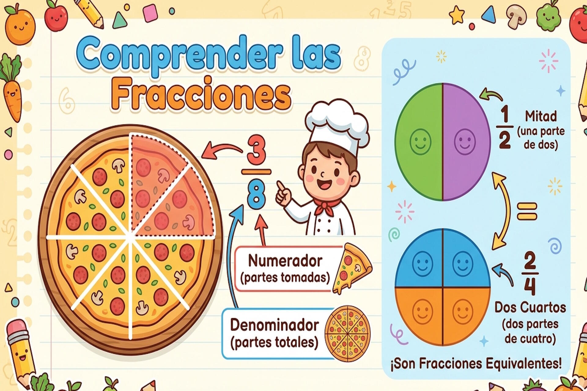 Diagrama visual de fracciones mostrando partes de una unidad con numerador y denominador explicados