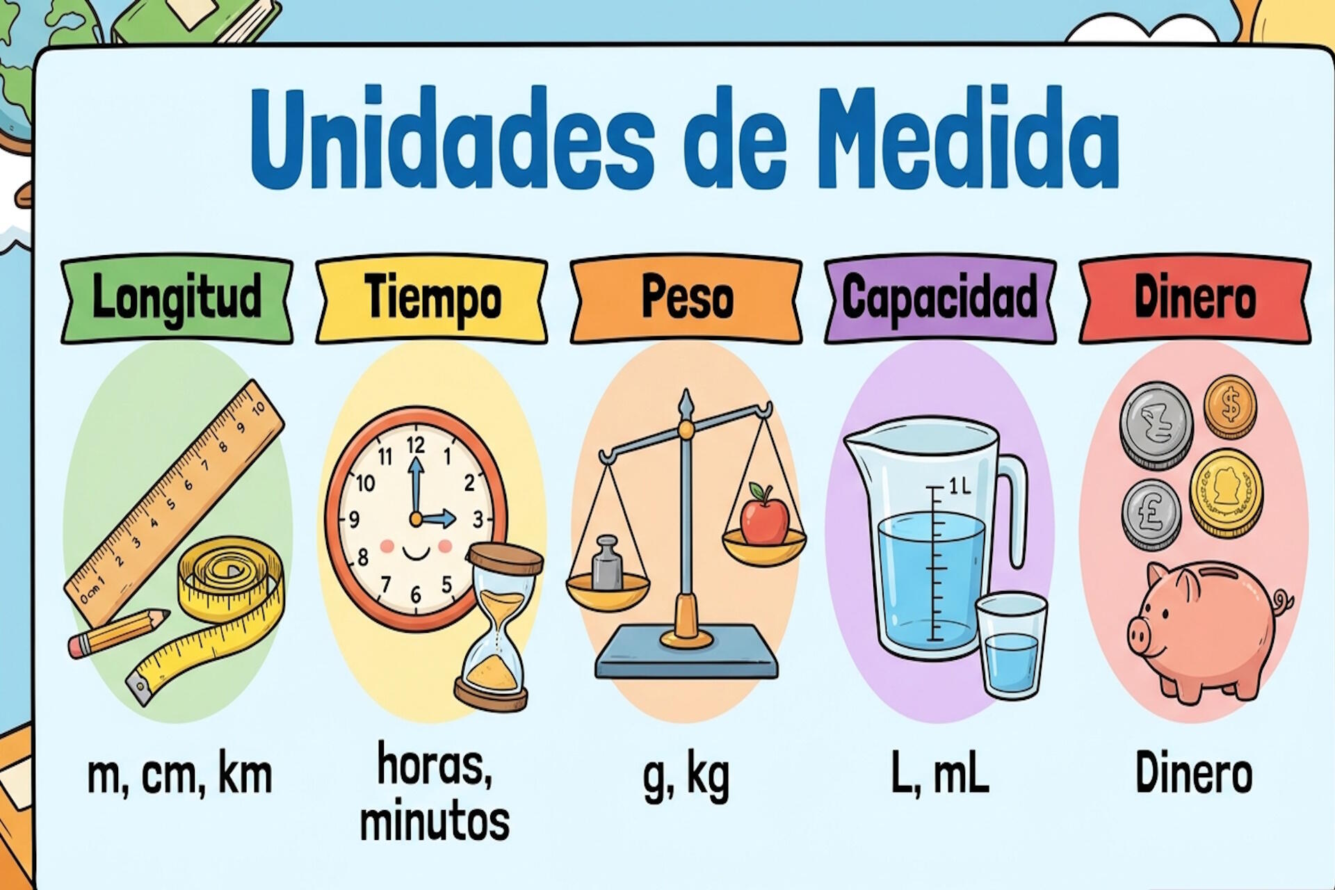 Instrumentos de medición escolar como cinta métrica, reloj analógico, balanza y recipientes graduados