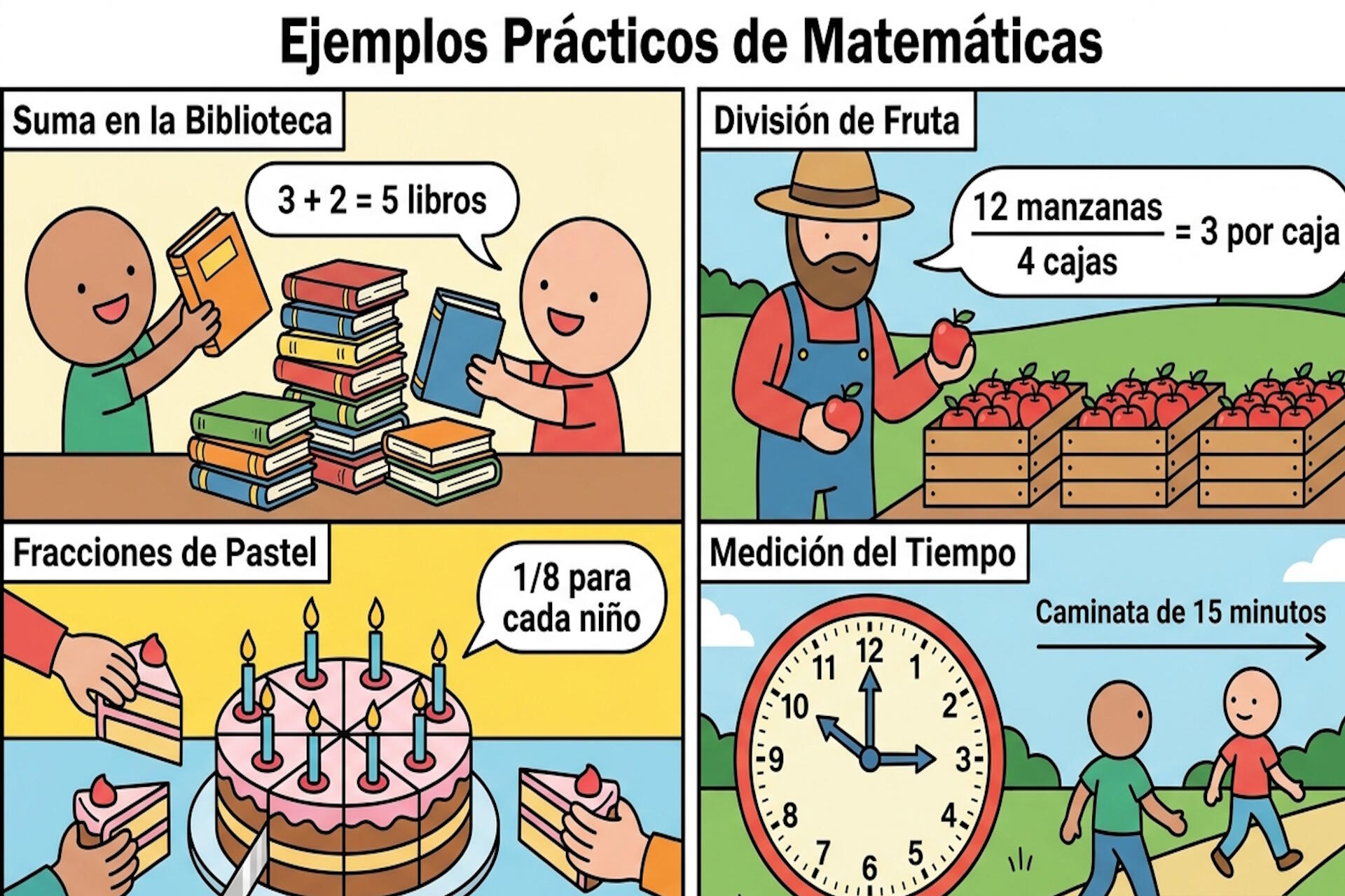Ilustraciones de situaciones cotidianas para problemas de matemáticas: libros, frutas, repartos y tiempo