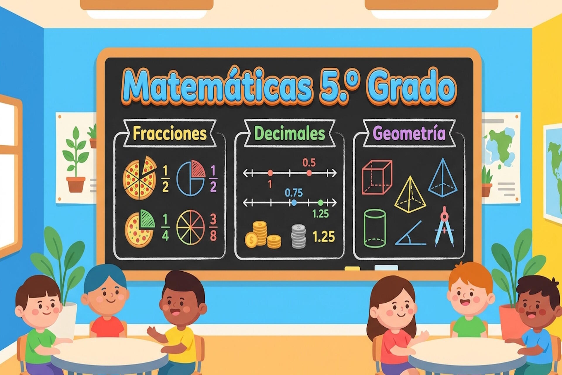 Ilustración educativa sobre los temas principales de matemáticas para quinto grado de primaria en República Dominicana.