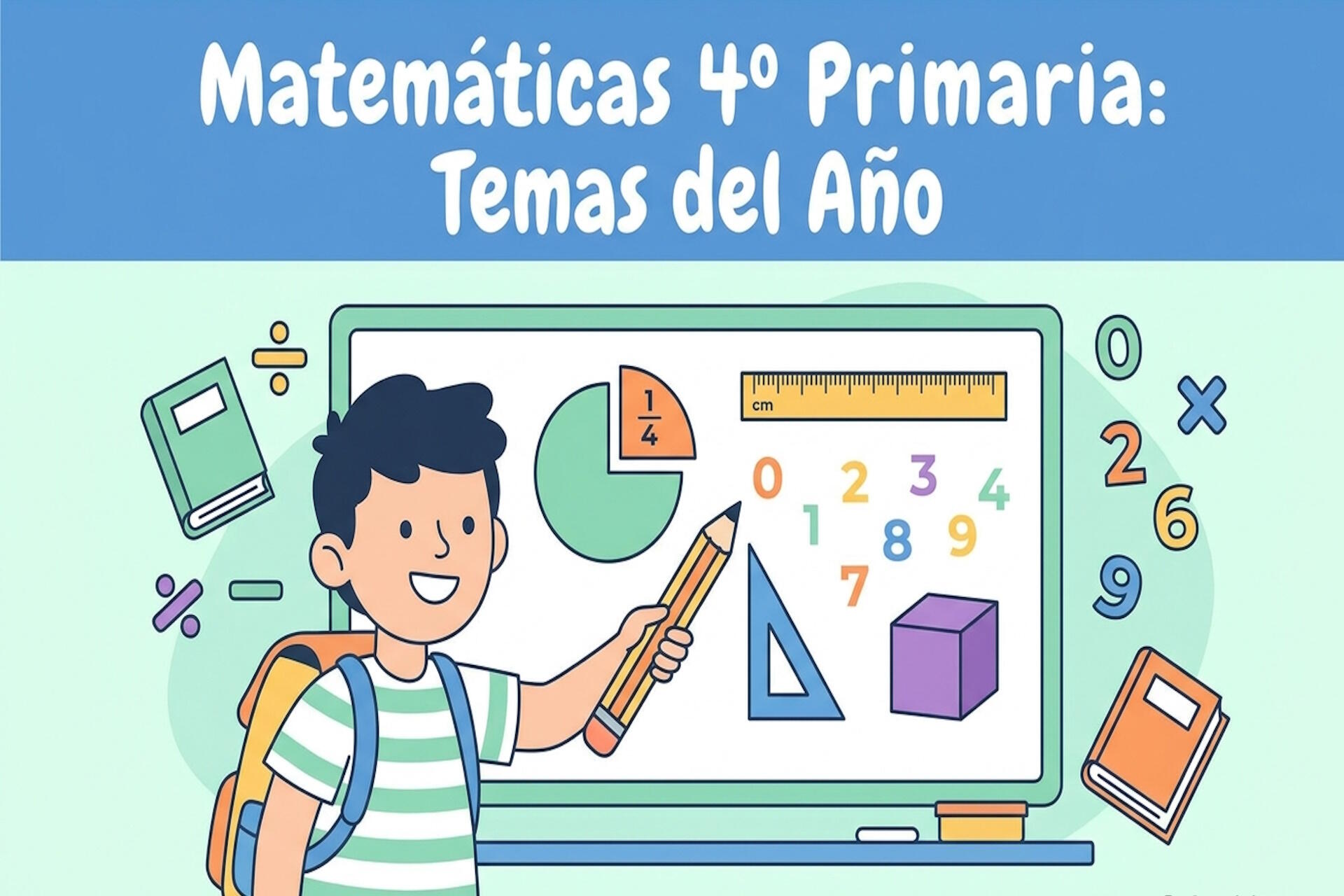 Infografía educativa con los temas principales de matemáticas para cuarto de primaria: números grandes, fracciones, geometría y operaciones.