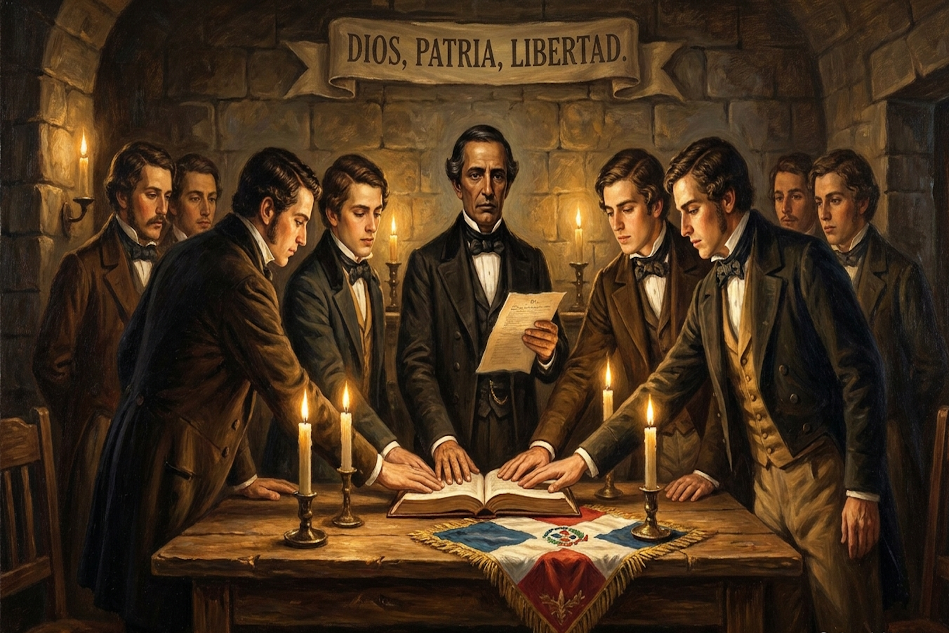 Pintura histórica de Juan Pablo Duarte y los jóvenes trinitarios prestando el juramento secreto de La Trinitaria a la luz de las velas en una casa colonial de Santo Domingo.