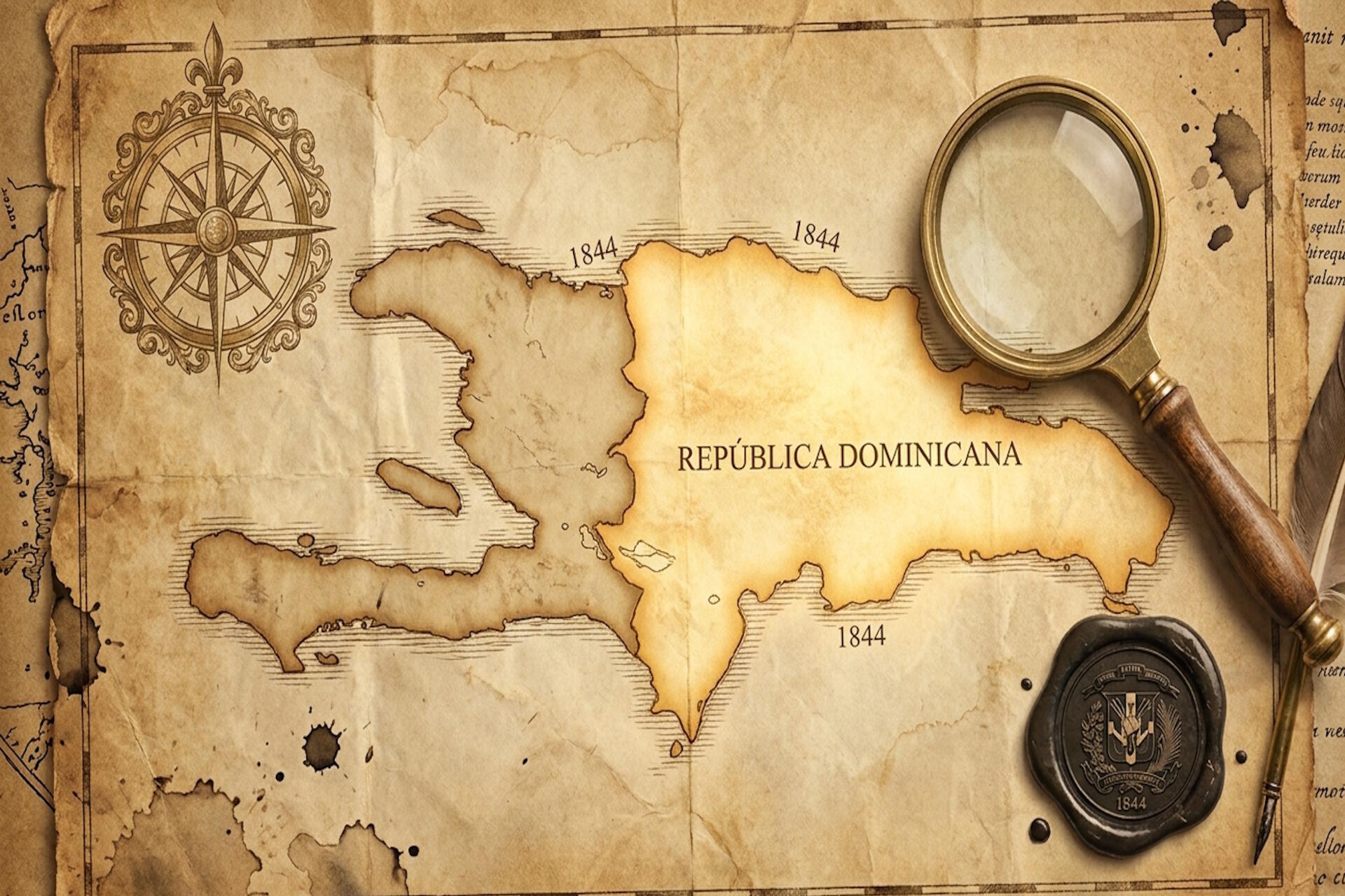 Mapa histórico de 1844 en pergamino que simboliza la creación del Estado independiente de la República Dominicana y la delimitación de su soberanía territorial.