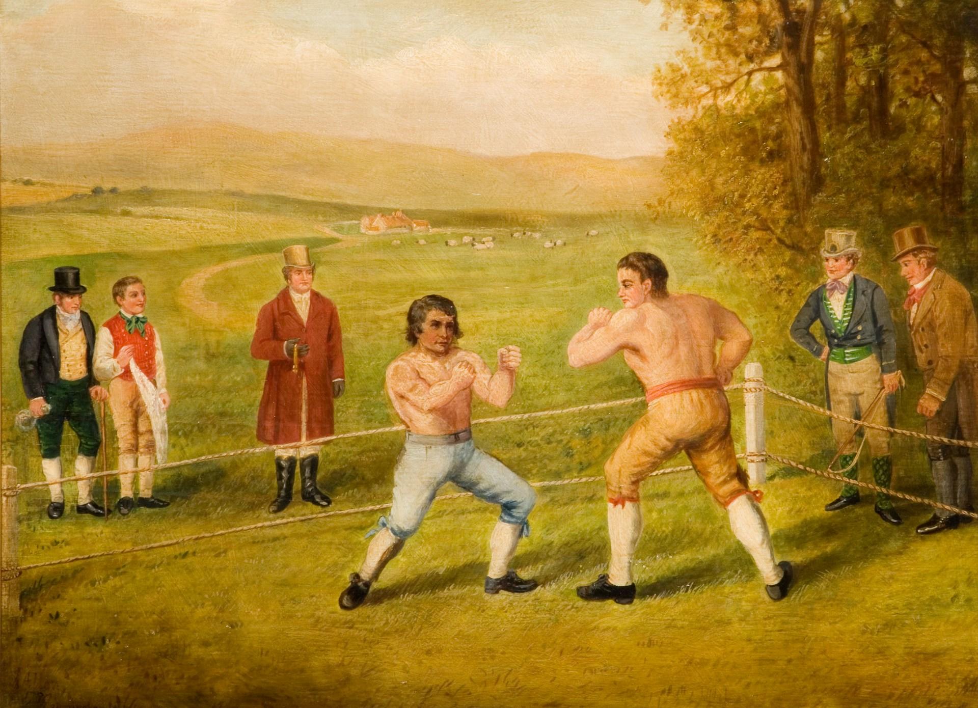 Gemaelde von Boxern und ihren Zuschauern