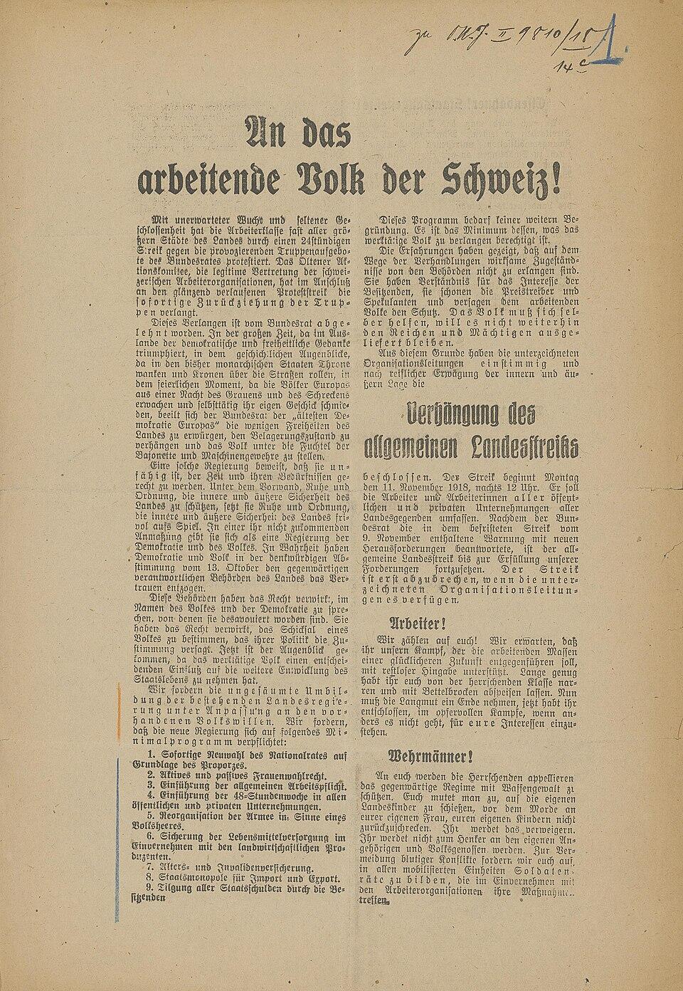 Der Historische Streikaufruf des Oltener Komitees.