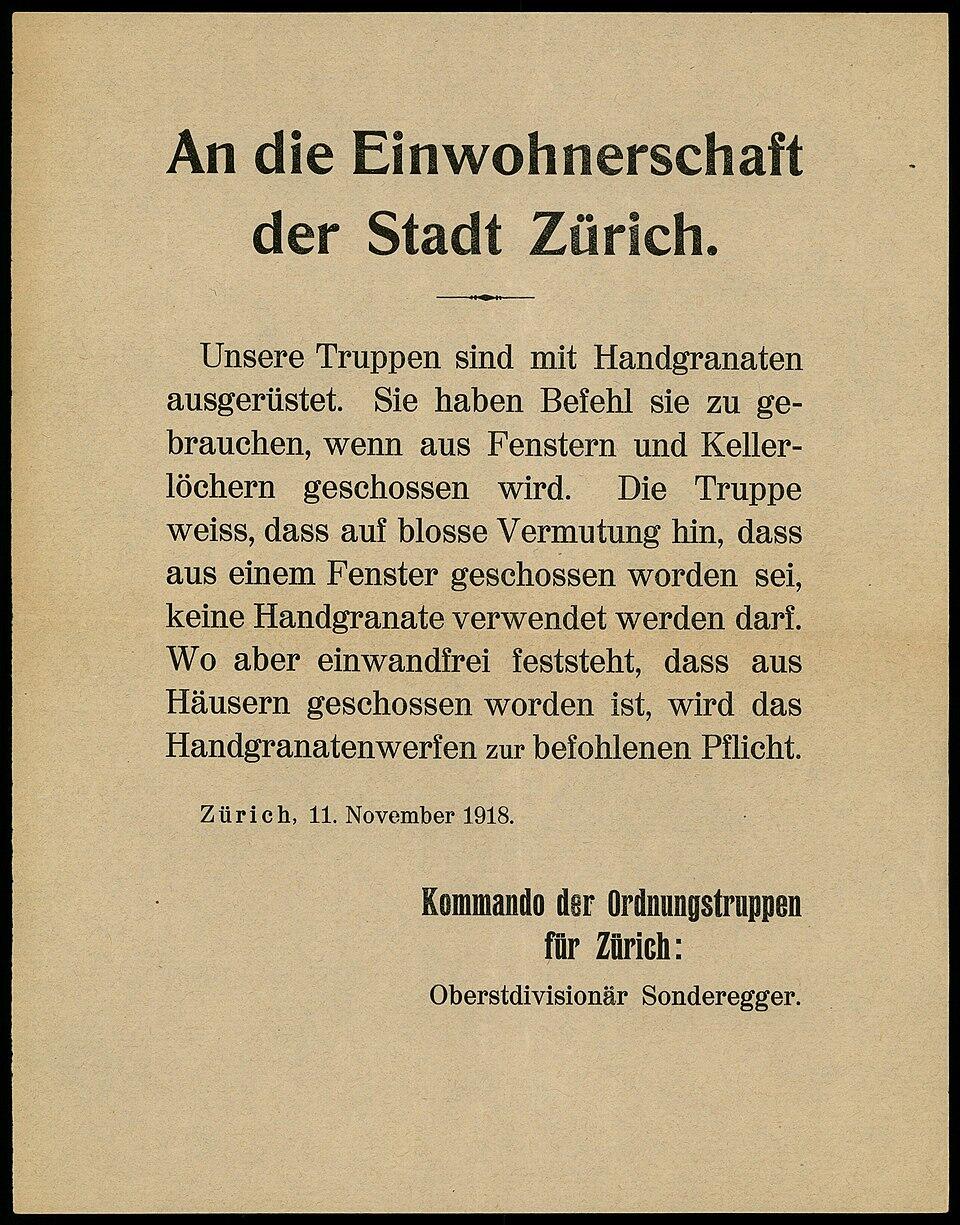Ein Flugblatt mit einer Warnung der Armee an die Einwohner Zürichs im November 1918