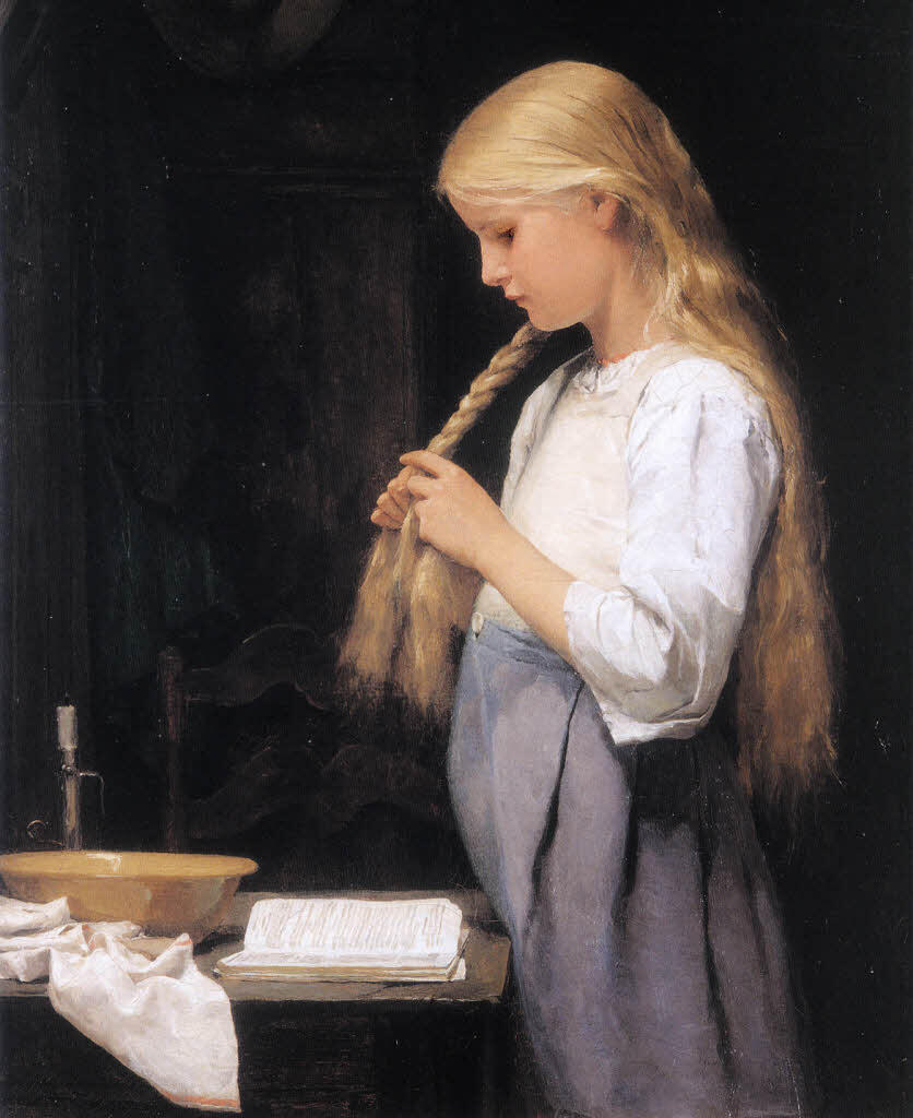Werk von Albert Anker Mädchen die Haare flechtend