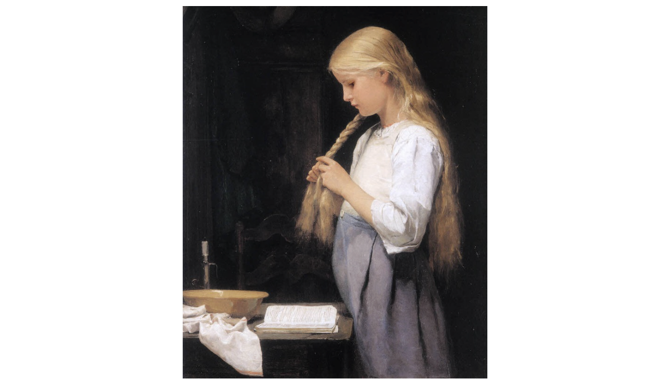 Albert Anker: Mädchen die Haare flechtend, 1887, Stiftung für Kunst, Kultur und Geschichte, Winterthur