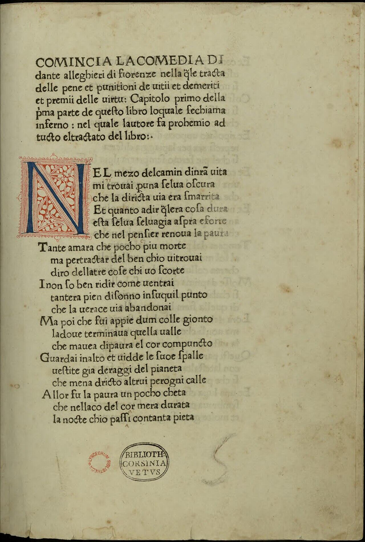 Durch Johannes Numeister gedruckte Erstausgabe der Commedia, Foligno 1472