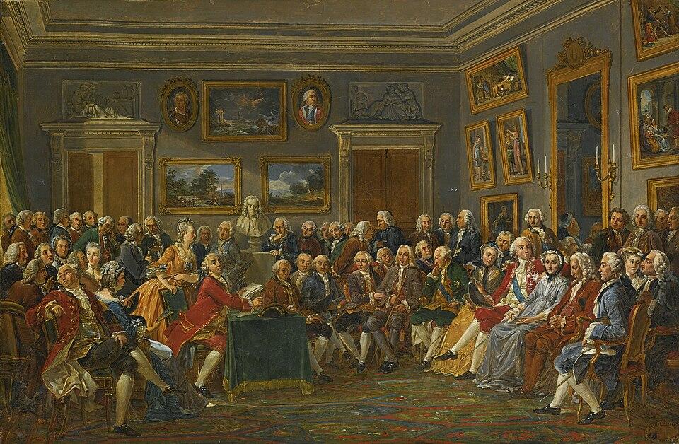 Valgustusajastu salong, kuhu kümned prantsuse haritlased on kogunenud ja kuulavad Voltaire’i kirjutiste ettekannet