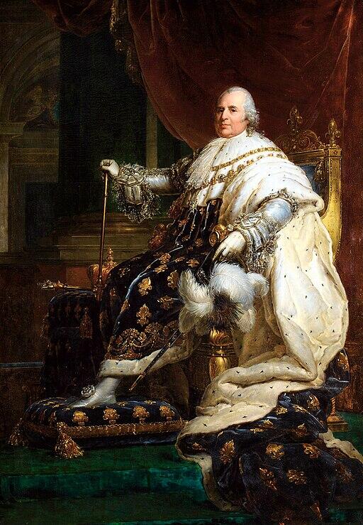 Kuningas Louis XVIII uhkes kuninglikus rüüs troonil istumas