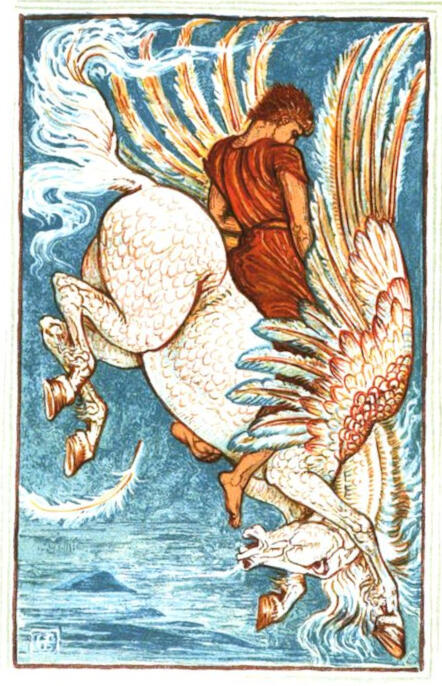 illustratsioonil kukub Bellerophon koos tiivulise Pegasusega taevast alla