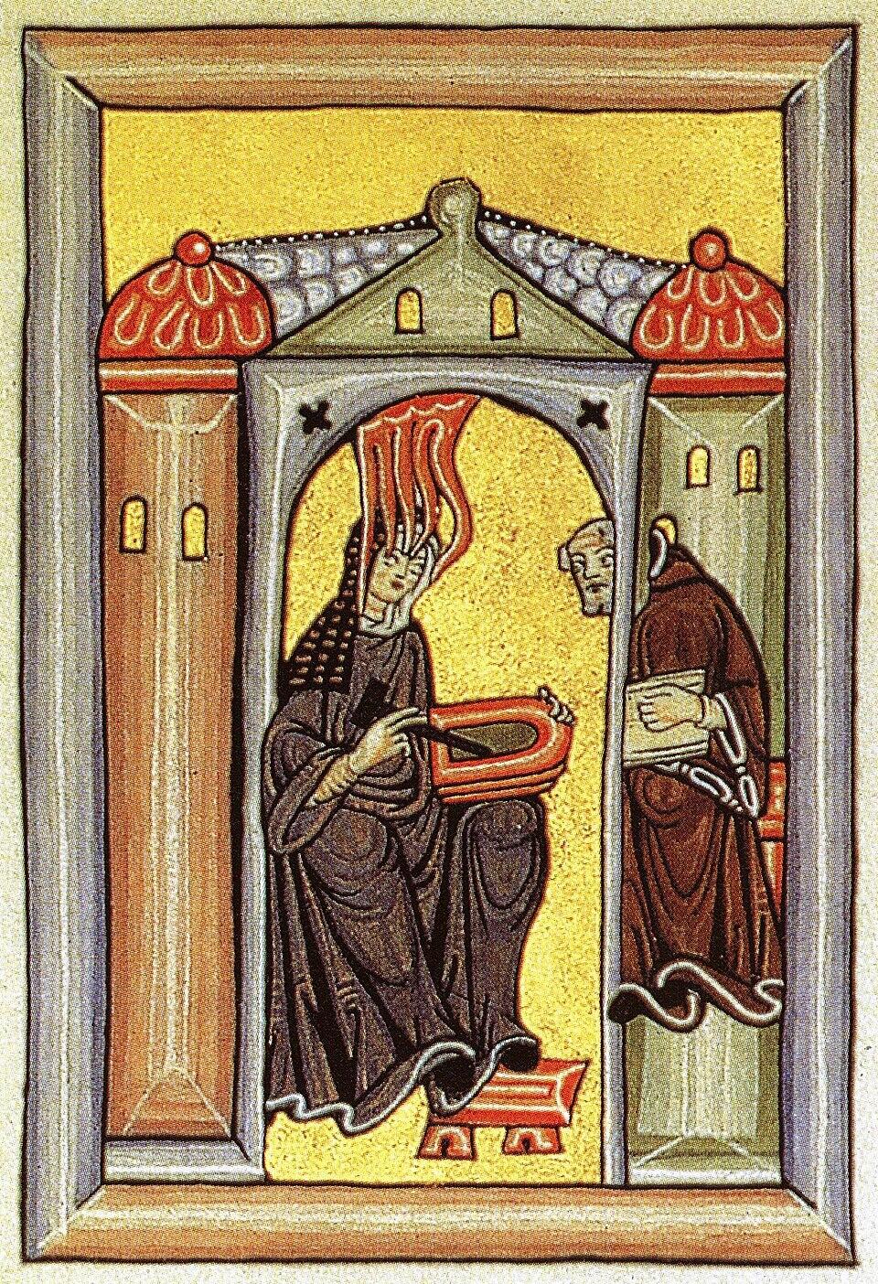 Keskaegne miniatuur, millel Hildegard von Bingen saab nägemuse ja dikteerib seda kirjutajale.
