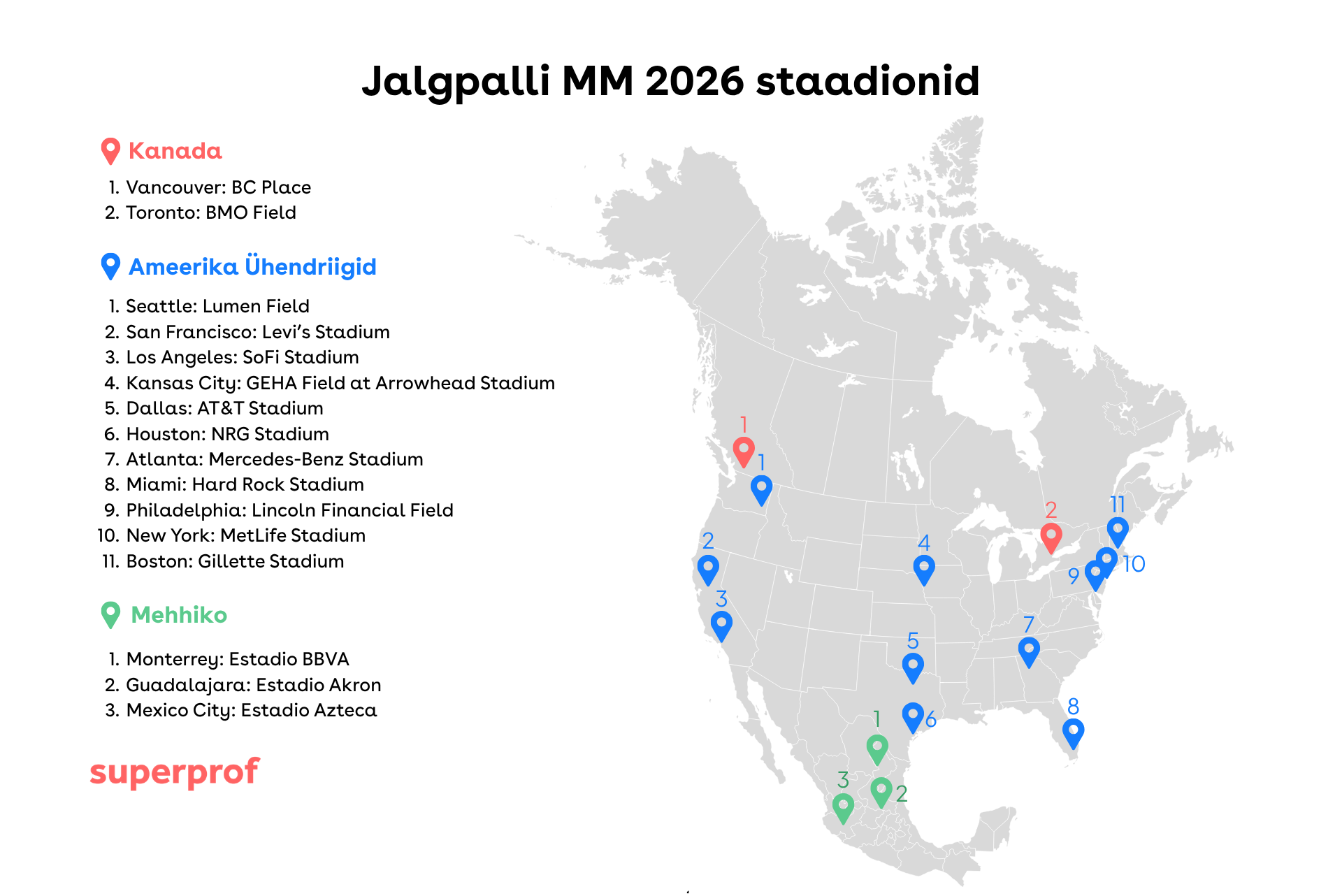 Kaart 2026. aasta jalgpalli MM-i võõrustajastaadionitega Kanadas, Ameerika Ühendriikides ja Mehhikos.
