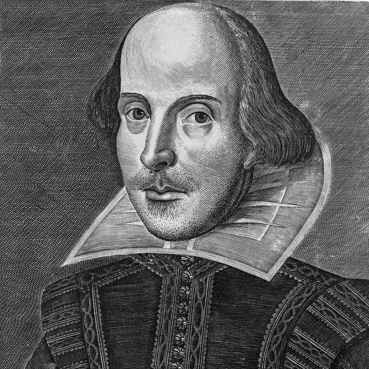 Mustvalge portreegravüür renessansiajastu inglise kirjanikust William Shakespeare'st kõrge kraega rõivastuses.