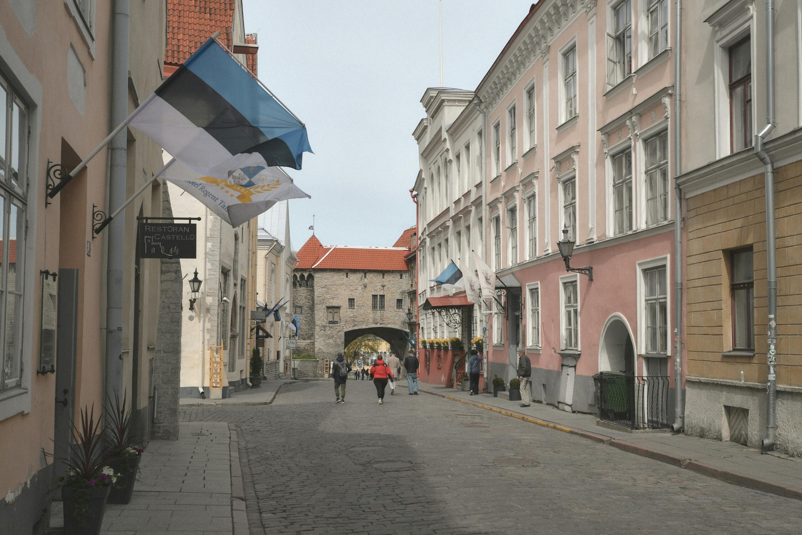 Tallinna vanalinna munakivisillutisega tänaval lehvivad Eesti lipud, taustal paistavad ajaloolised hooned ja kivist linnavärav.