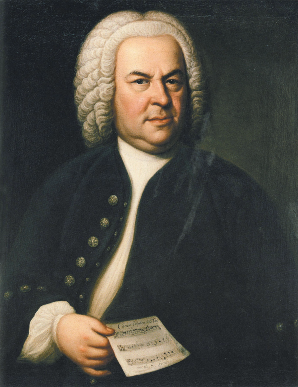 Johann Sebastian Bachi portree, millel valge paruka ja tumeda kuuega helilooja hoiab käes noodilehte.