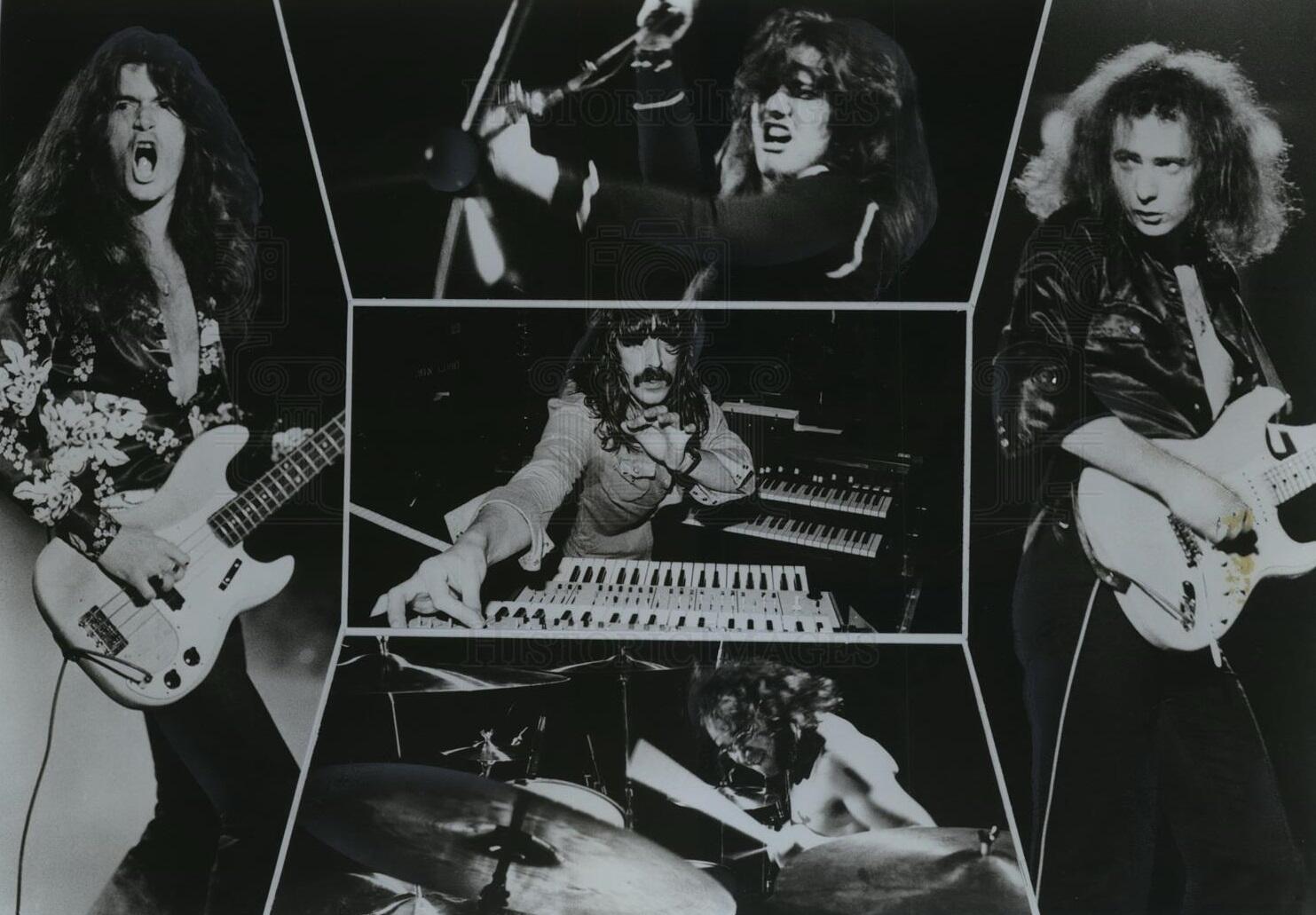 Mustvalge kollaaž Deep Purple'i liikmetest laval, pillide ja klahvpillide juures esinemas.