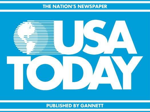 Logotipo azul de USA Today con texto en blanco, que incluye un icono de un globo terráqueo a la izquierda. El eslogan «The Nation's Newspaper» aparece arriba y «Published by Gannett» abajo. De estilo llamativo y moderno.