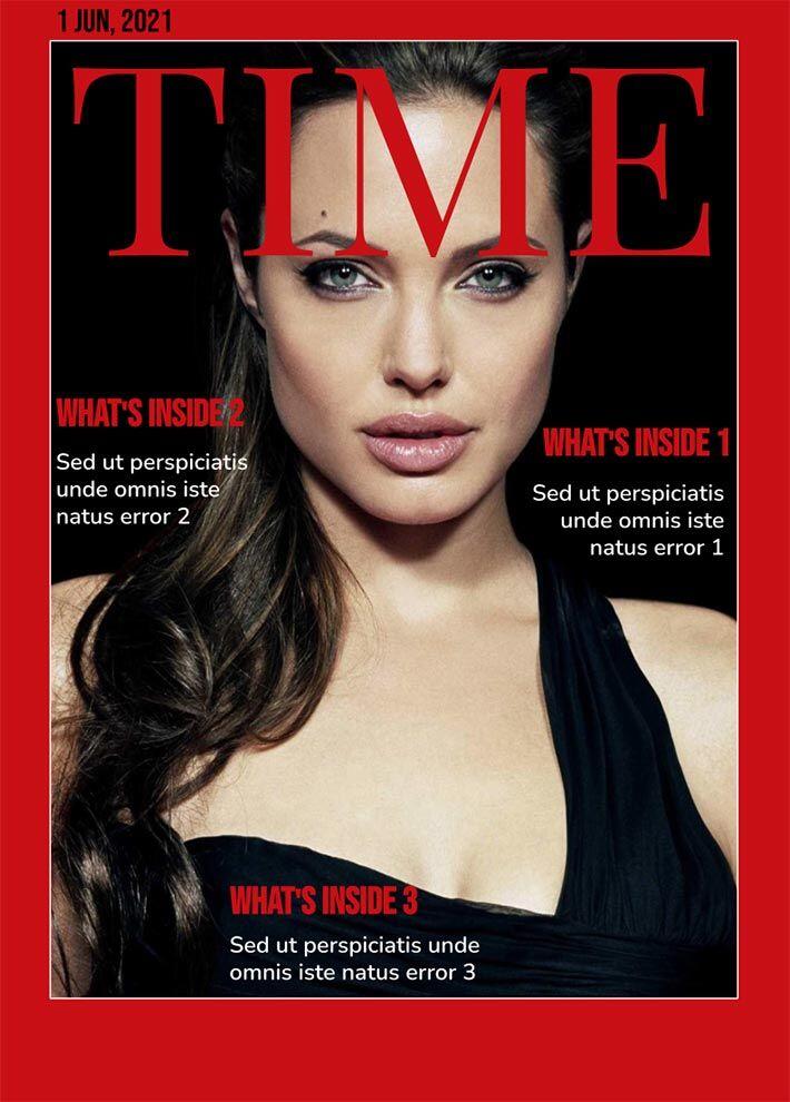 Portada de una revista en la que aparece una persona con el pelo largo y oscuro y una expresión segura. El texto en rojo destaca las secciones tituladas «Qué hay dentro», con texto provisional.