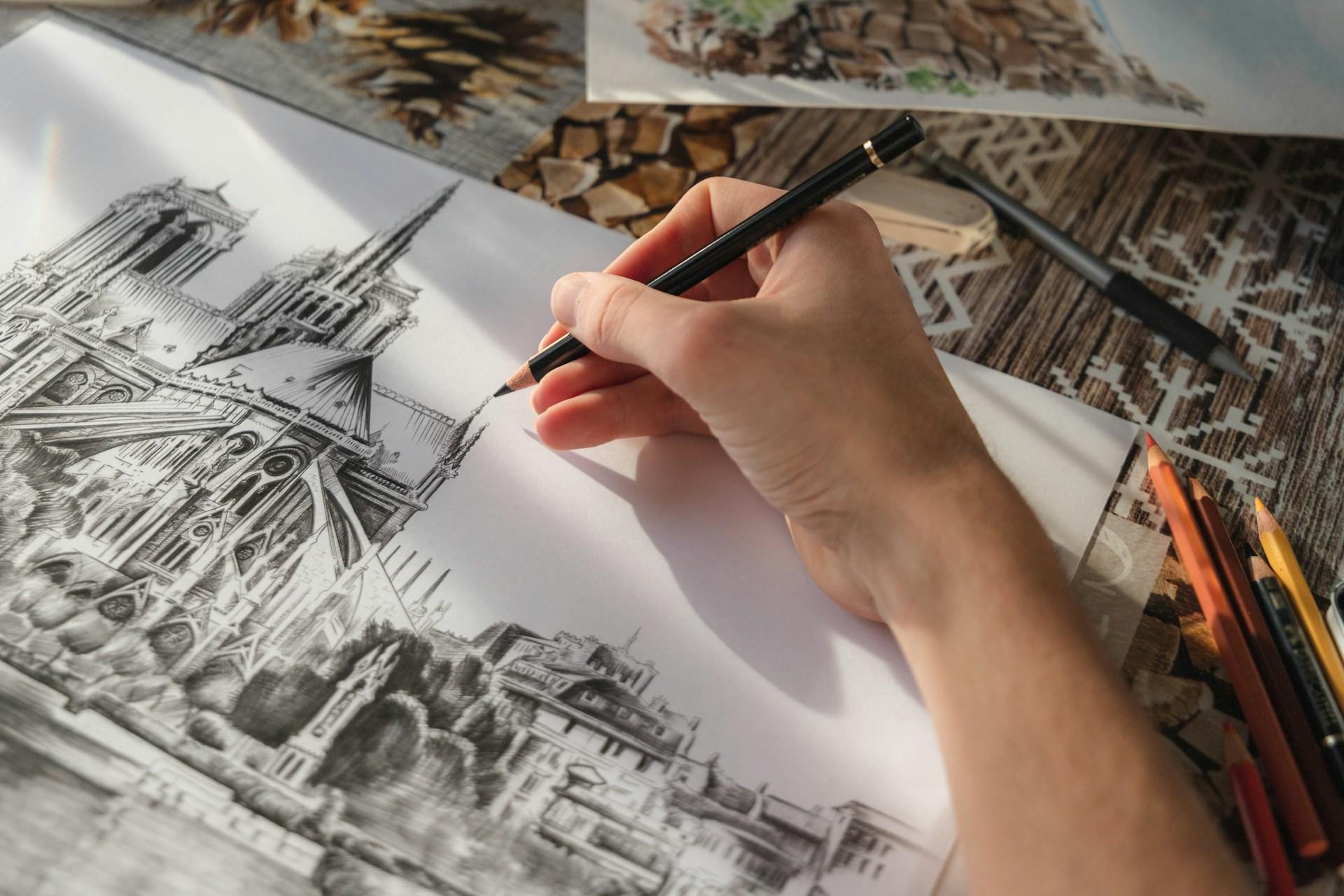 Esbozando a mano un dibujo detallado de una catedral con un lápiz, lápices de colores y otra imagen cercana.