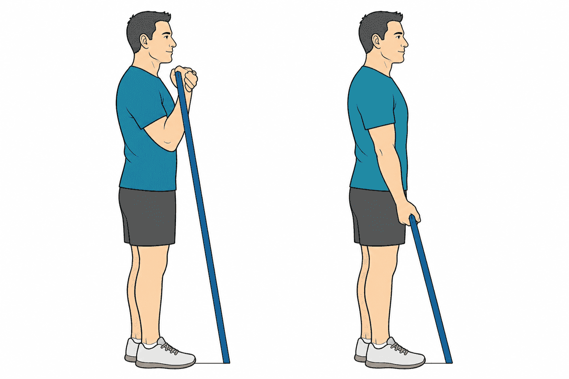 Dos ilustraciones de perfil muestran a un hombre con una camiseta y unos pantalones cortos de color verde azulado que sostiene una larga banda azul, primero cerca del pecho y luego a un lado del cuerpo.