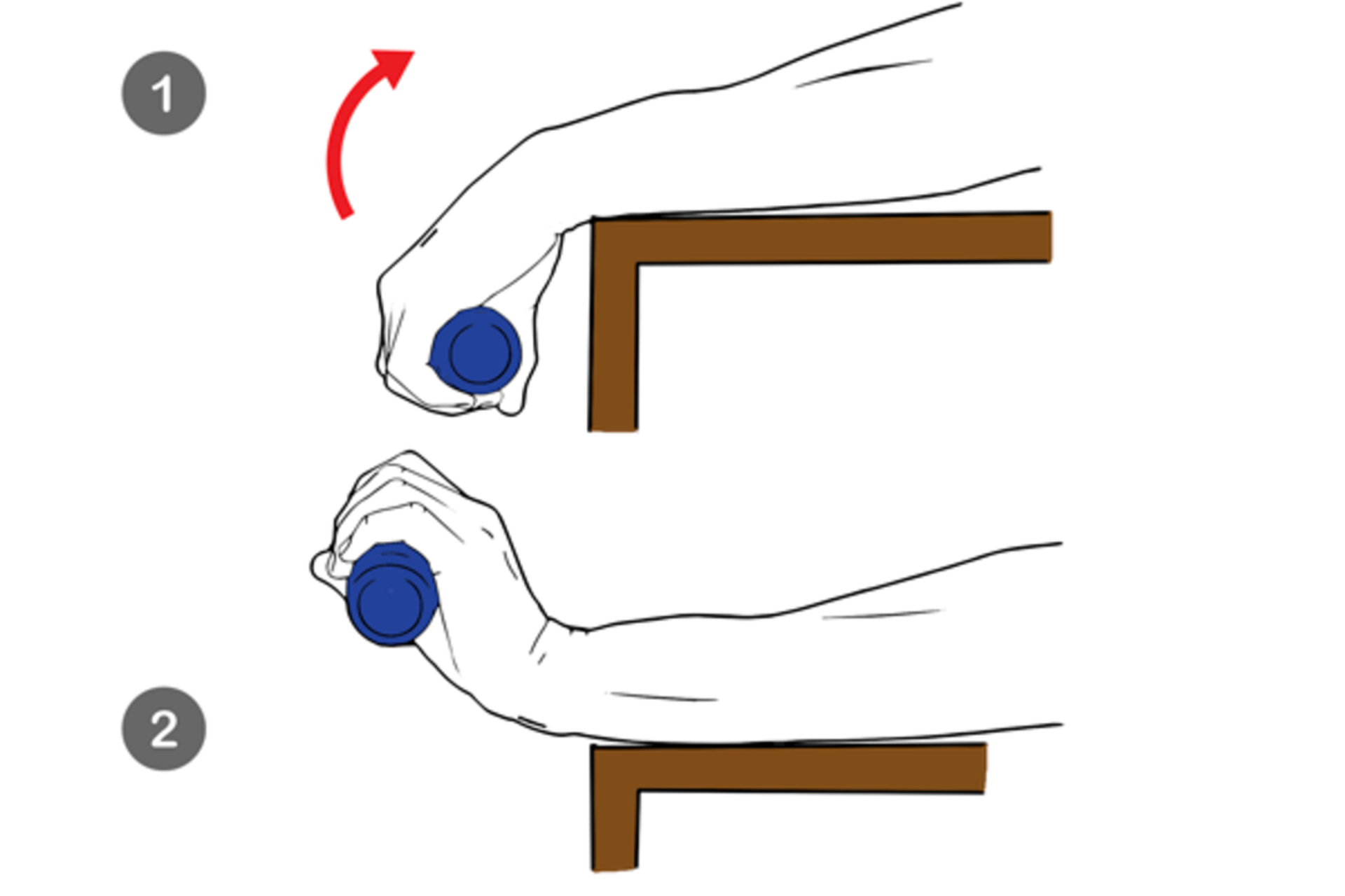 El diagrama de dos pasos muestra una mano sujetando un pomo azul junto a un borde marrón en forma de L; una flecha roja curvada indica que hay que levantar o girar el pomo hacia arriba.