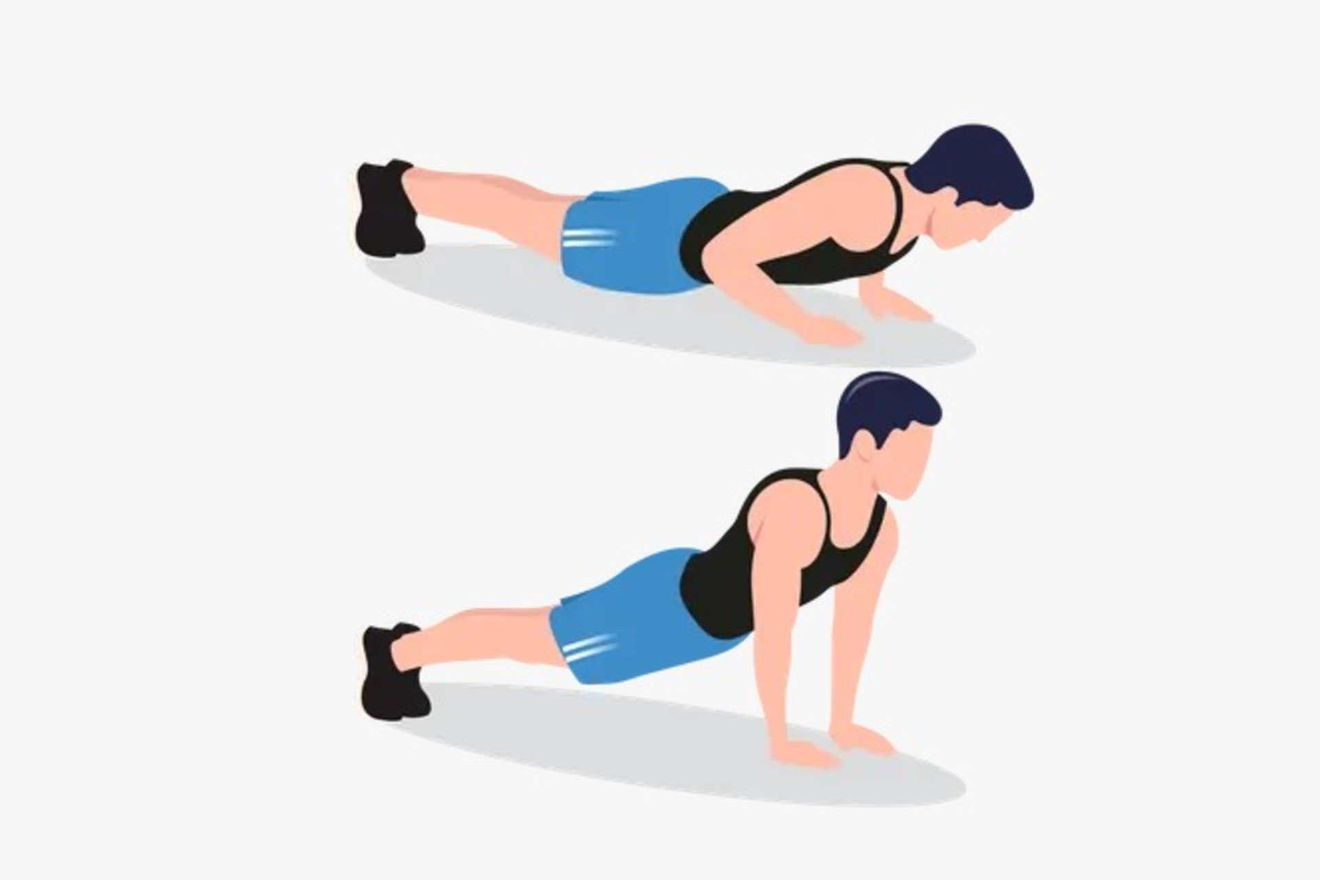 Ilustración de un hombre con un conjunto deportivo azul pasando de una posición baja a una flexión hacia arriba, en la que se muestra el ejercicio con concentración sobre un fondo liso.