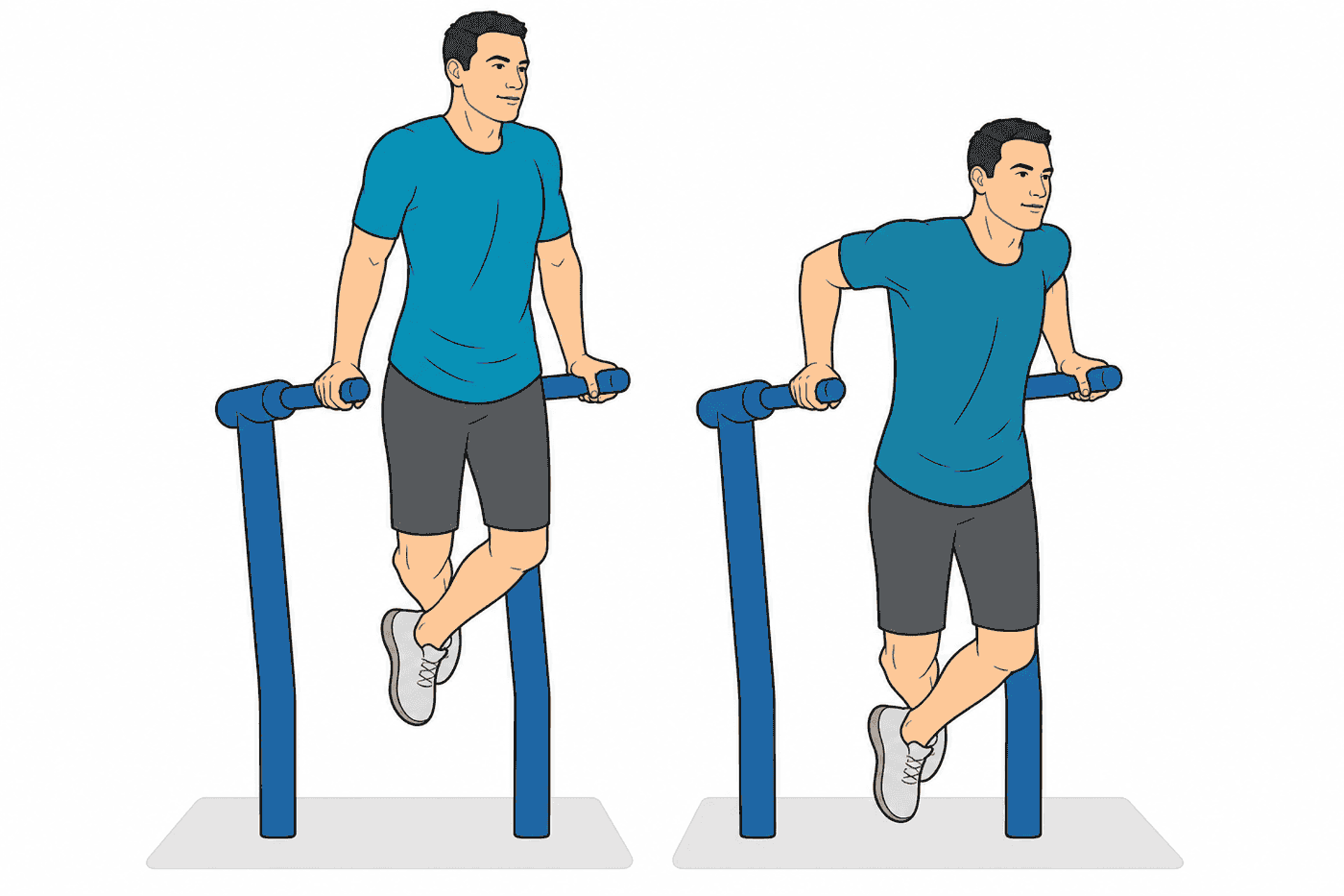 Ilustración de un hombre haciendo fondos de tríceps en barras paralelas, bajando el cuerpo con los codos flexionados y los tobillos cruzados; tono claro y didáctico propio del ámbito del fitness.