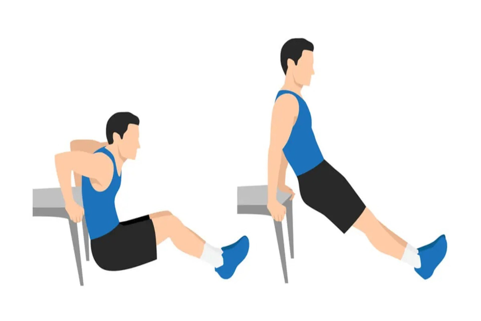 Ilustración de un hombre con una camiseta sin mangas azul y pantalones cortos negros haciendo fondos en una silla, en la que se le ve bajando y subiendo el cuerpo; una imagen sencilla y didáctica sobre fitness.