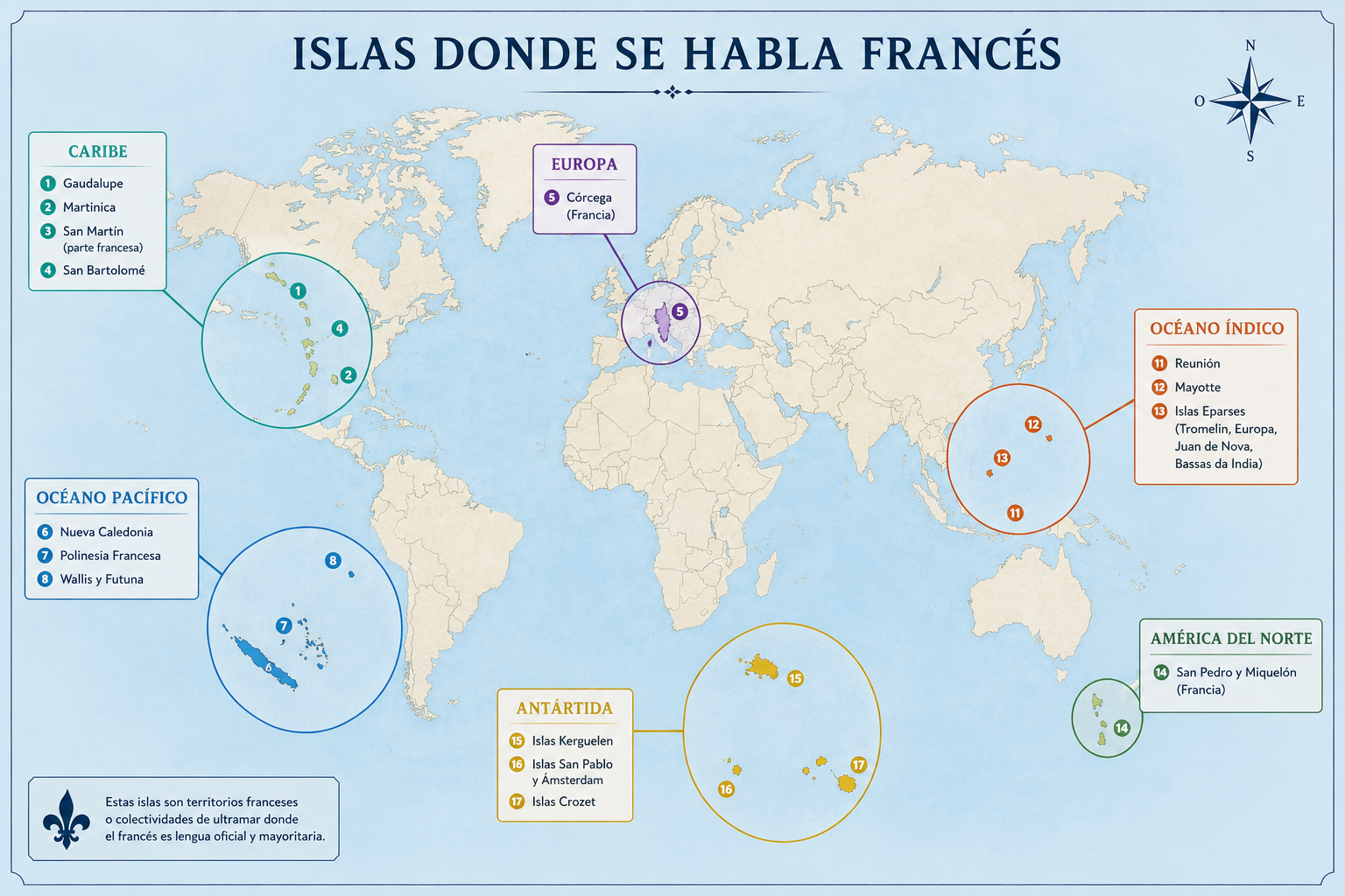 Mapa educativo del mundo titulado “Islas donde se habla francés”, con círculos señalando islas del Caribe, Pacífico, Europa, India y Antártida.