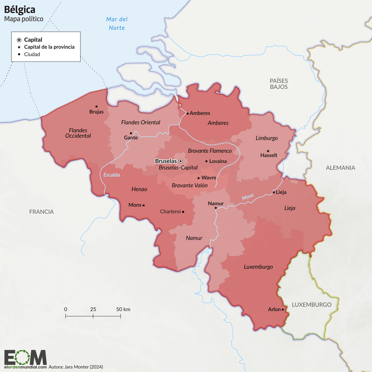 Mapa de Bélgica en el que se muestran las provincias, las capitales, las principales ciudades y los países vecinos, con las provincias sombreadas en distintos tonos de rojo.