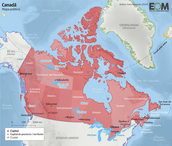 Mapa político de Canadá con provincias y territorios en rosa, capitales y ciudades principales señaladas; incluye Alaska, Groenlandia y océanos.