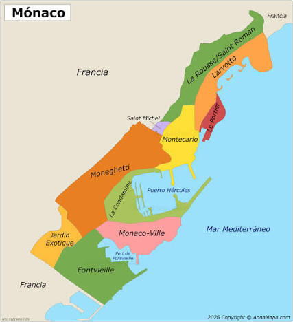 Mapa de Mónaco con sus barrios diferenciados por colores: Montecarlo, La Condamine, Mónaco-Ville, Fontvieille y Larvotto, junto al mar Mediterráneo y a Francia.