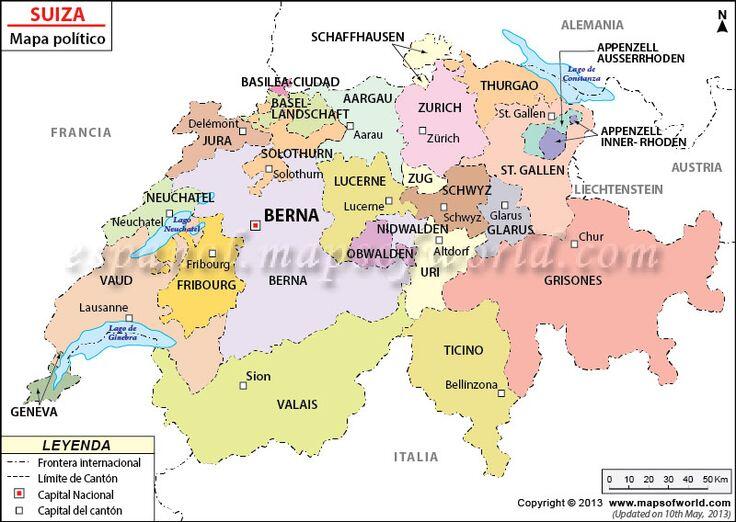 Mapa político de Suiza con sus 26 cantones coloreados, capitales cantonales, fronteras y países vecinos: Francia, Alemania, Austria e Italia.