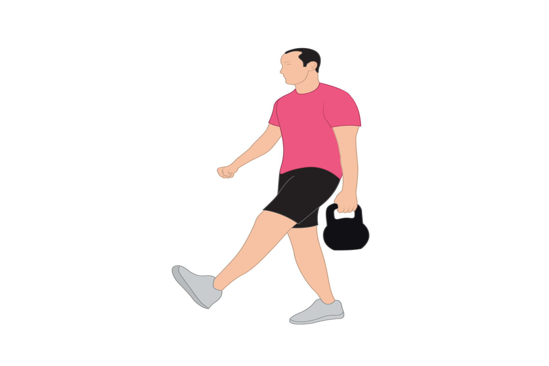 Ilustración de un hombre con camiseta rosa, pantalones cortos negros y zapatillas grises caminando mientras lleva una pesa rusa negra, lo que sugiere que está realizando un entrenamiento de fuerza.
