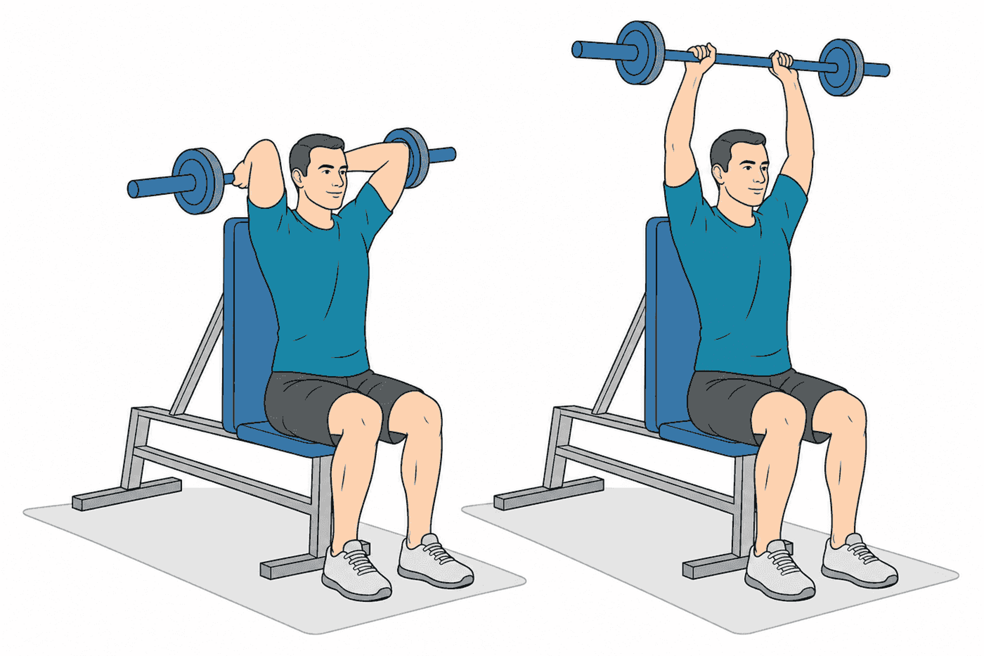 La ilustración de fitness muestra a un hombre sentado en un banco realizando un press de hombros con barra, pasando de tener los codos flexionados a extender los brazos por encima de la cabeza; tono tranquilo y didáctico.