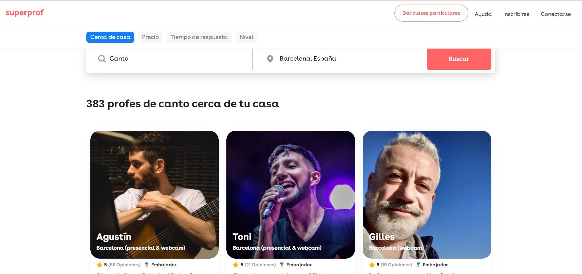 Captura de pantalla de al web de Superprof.