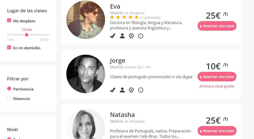 Tarifas de profesores de portugués
