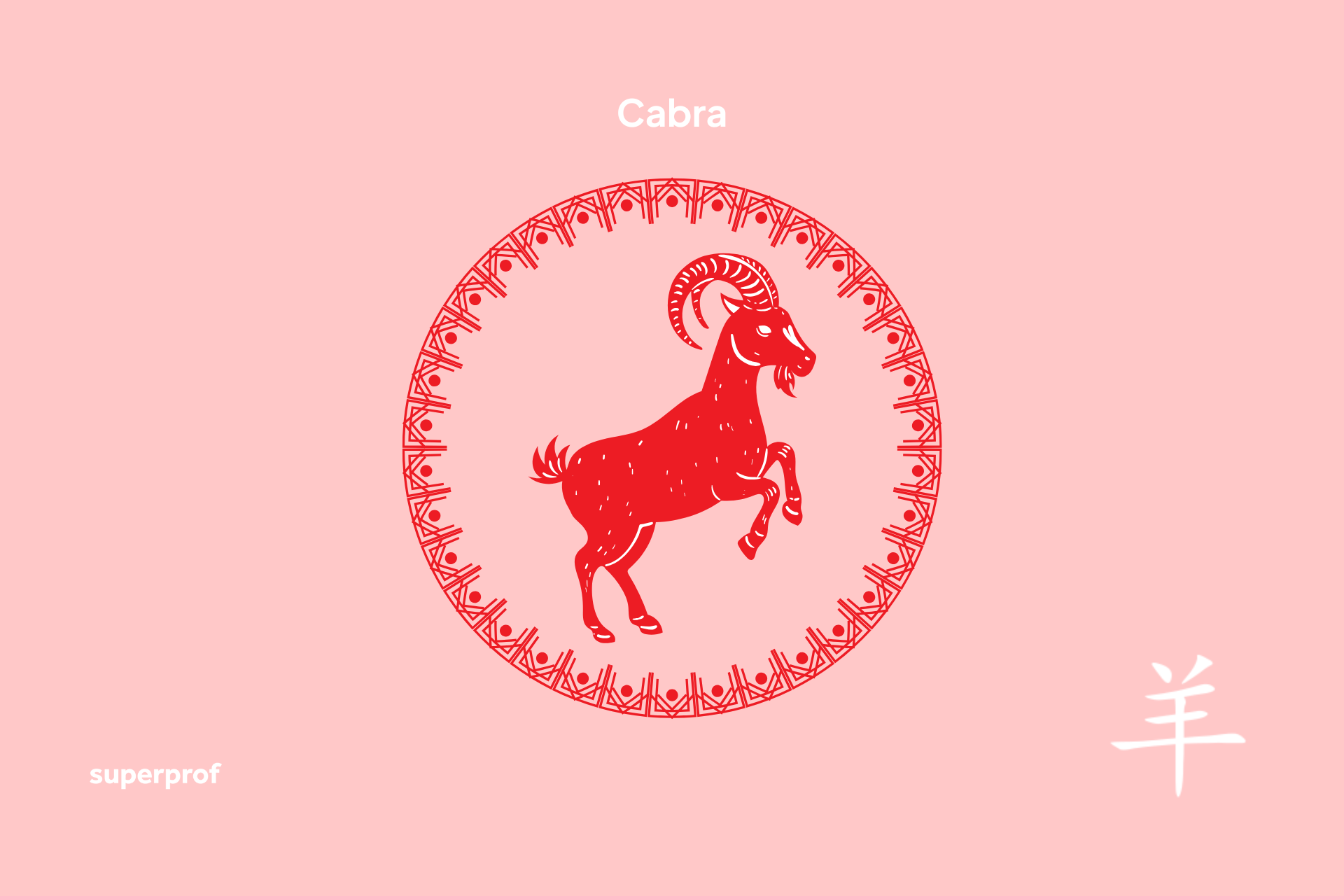 Ilustración roja de una cabra encabritada dentro de un borde circular decorativo, con el texto «Cabra» y «superprof», sobre un fondo rosa.