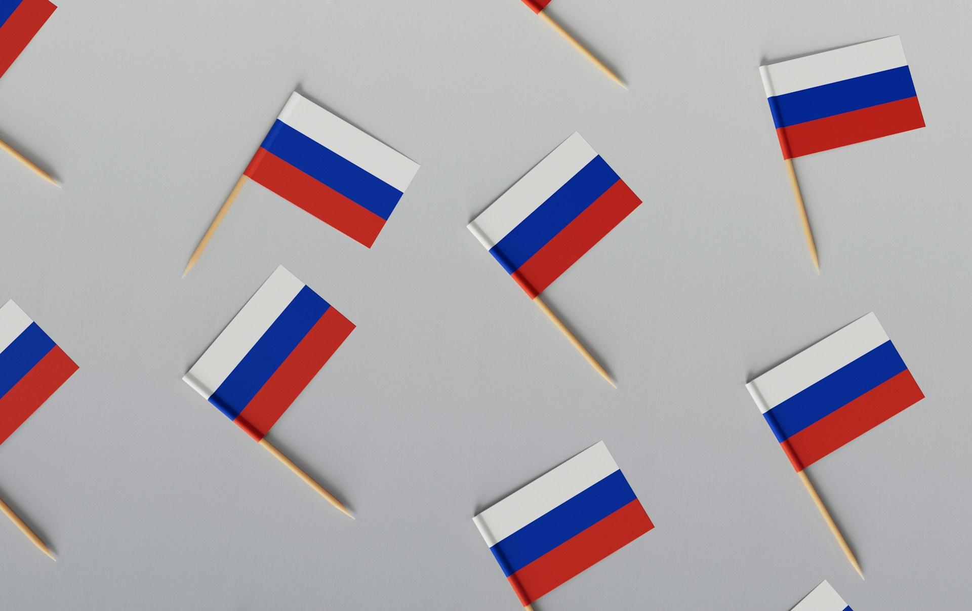 banderines de rusia pequeños dispuestos en fondo gris