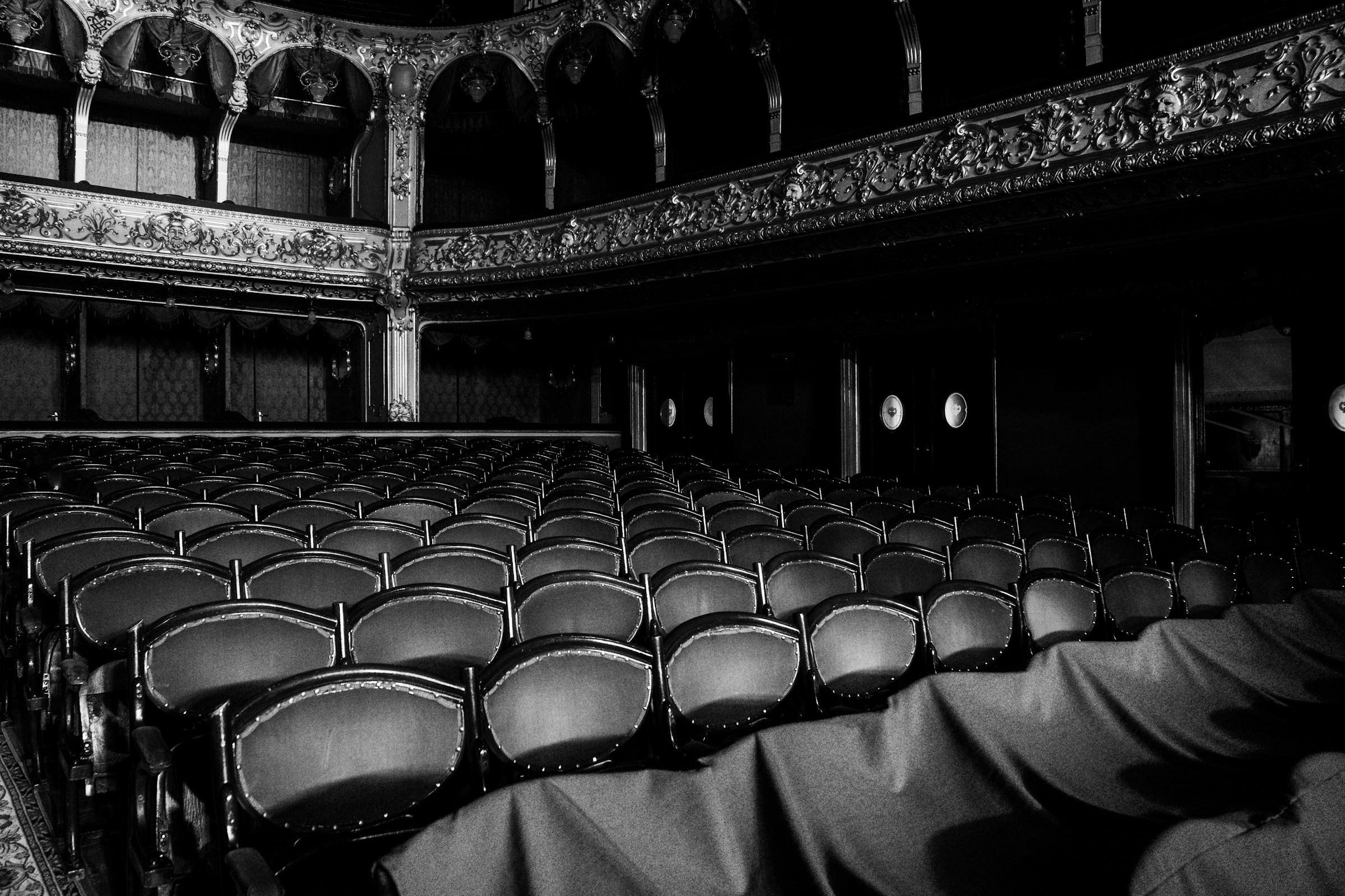 Imagen monocroma de un teatro ornamentado vacío con filas de asientos y palcos.